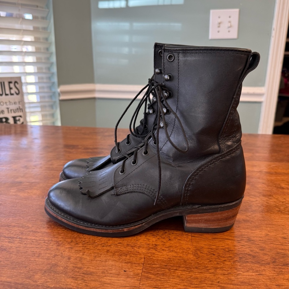 Vintage Durango Men’s 8.5 Black Leather Kiltie Packer Western Lace-Up Boots